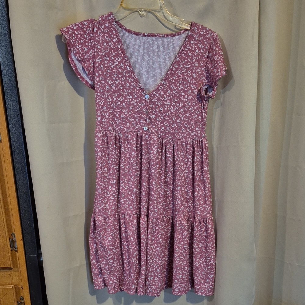 Mauve Floral Tiered V-Neck Mini Dress